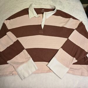 Aerie Cropped Boxy Oversized XL Pink And Brown Long Sleeve Stripes